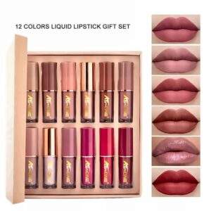 AS~ONE 12 colour liquid lipstick gift set in its box with lip swatches