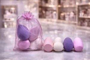 Four teardrop makeup blender sponges in pink, cream and lilac with an organza pouch
