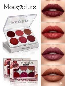 Mocmallure six-shade lip palette shown open with the shades worn on lips