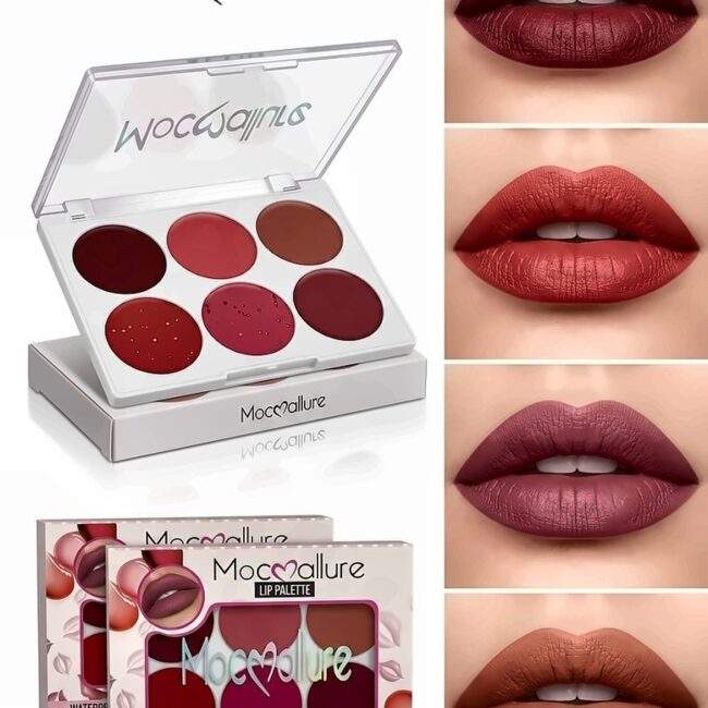 Mocmallure six-shade lip palette shown open with the shades worn on lips