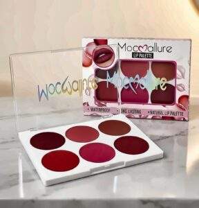 Mocmallure six-shade lip palette beside its printed carton