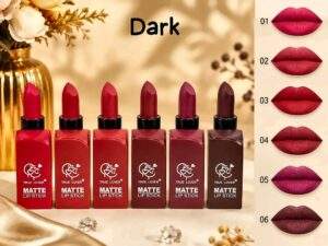 TRUE LOVER matte lipstick Dark set, six red berry and plum shades with lip swatches