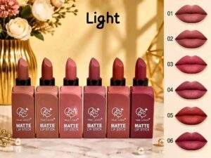 TRUE LOVER matte lipstick Light set, six nude and rose shades with lip swatches